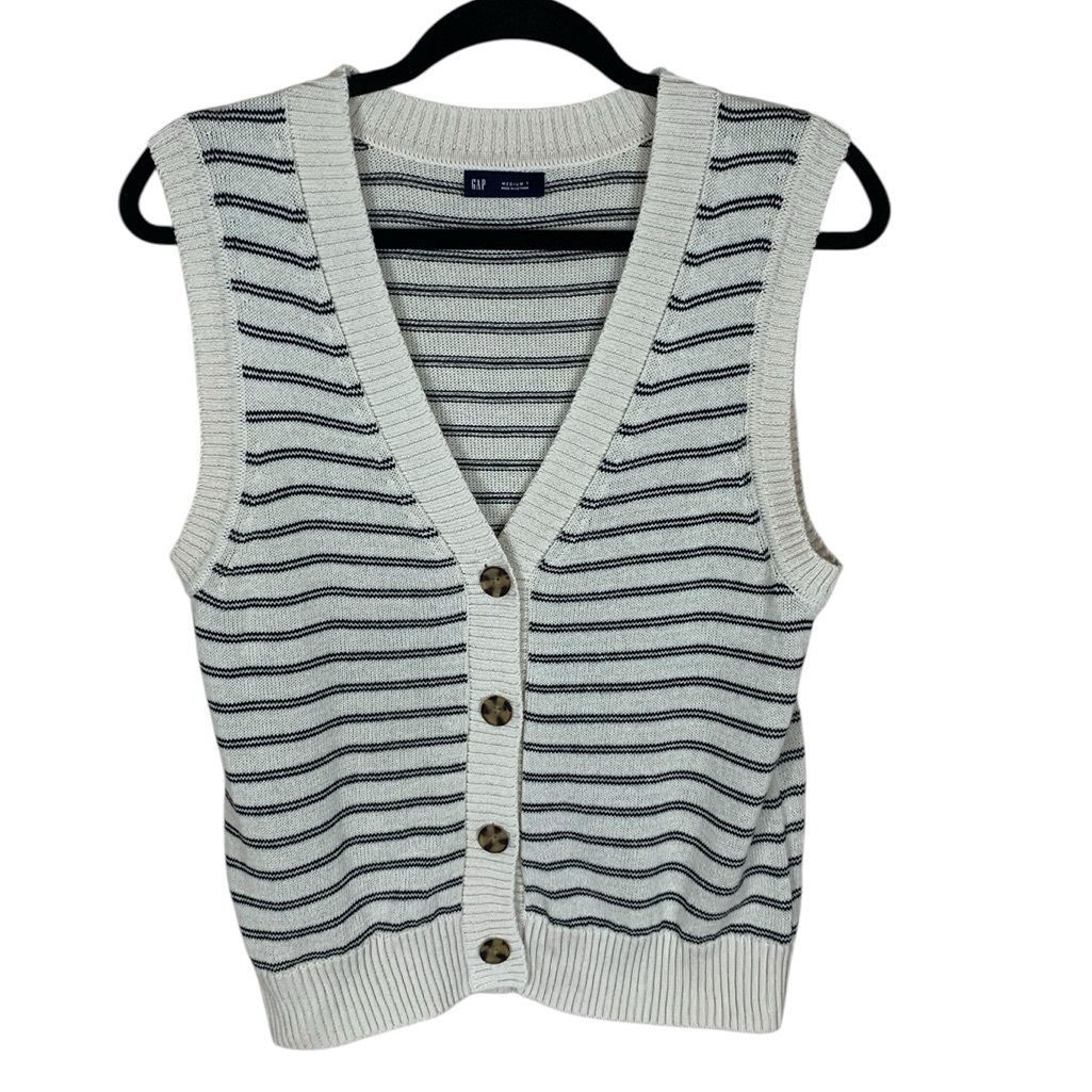 Women's Gap Beige Black Striped Linen Blend V-Neck Button Front Sweater Vest Mt